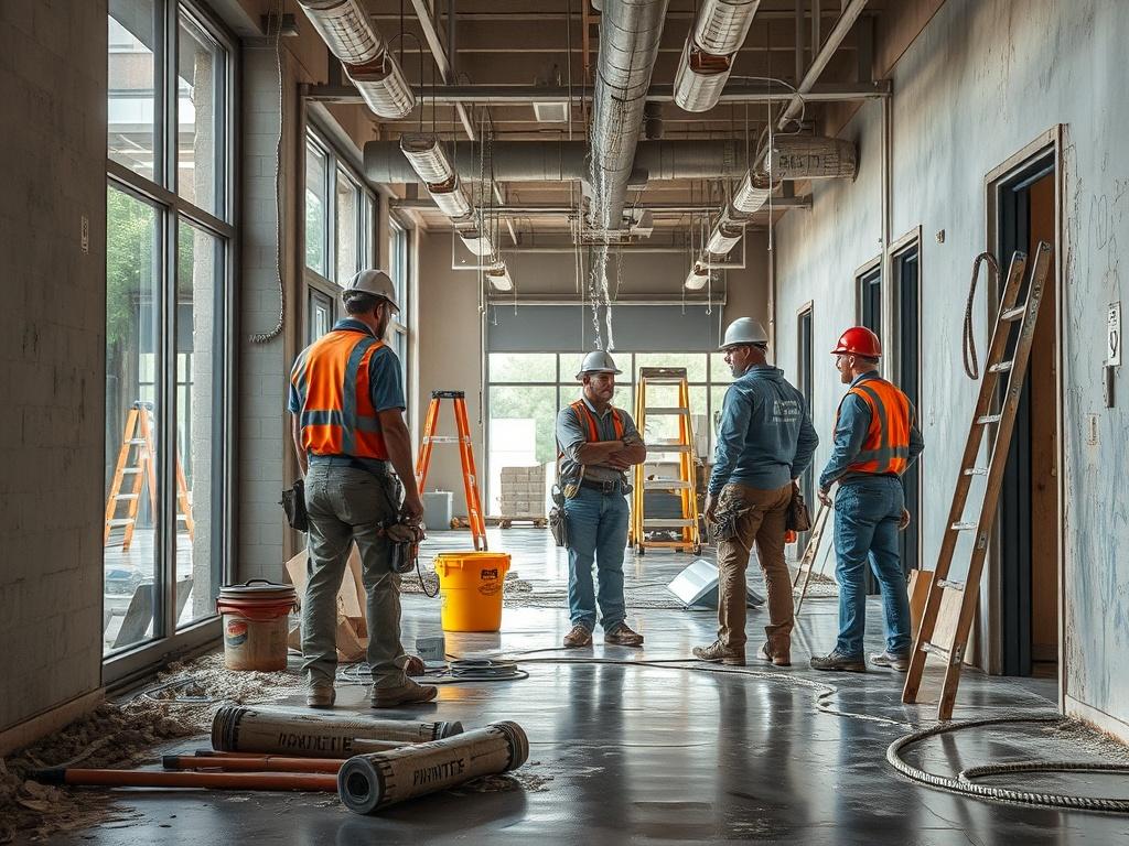 A high-resolution image depicting a construction team working on emergency repairs in a commercial space. The scene should show workers assessing water damage and implementing repairs, with construction equipment and materials visible.