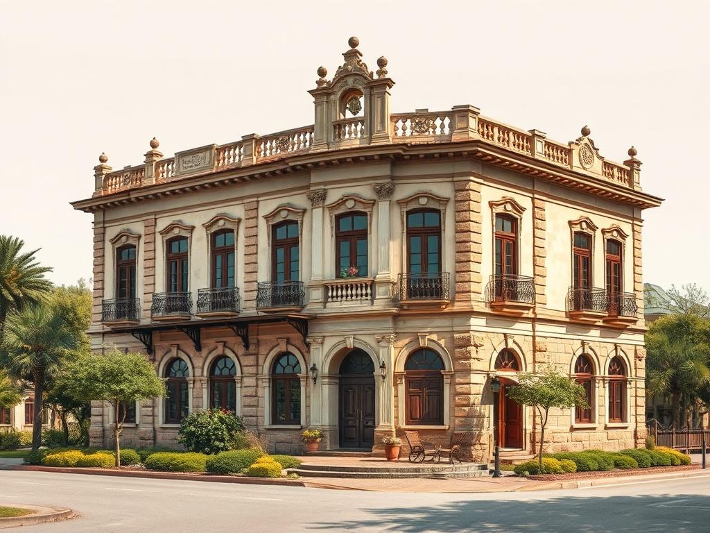 An image depicting a beautifully restored historical building, showcasing intricate architectural details and vintage charm. The exterior features classic materials and colors, surrounded by a lush landscape that complements its historical significance.