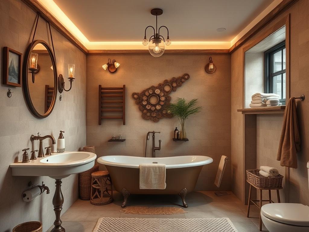 A high-resolution image of a beautifully renovated bathroom that combines vintage fixtures with modern amenities. The design should reflect a harmonious blend of historical charm and contemporary comfort, with elegant lighting and tasteful decor.