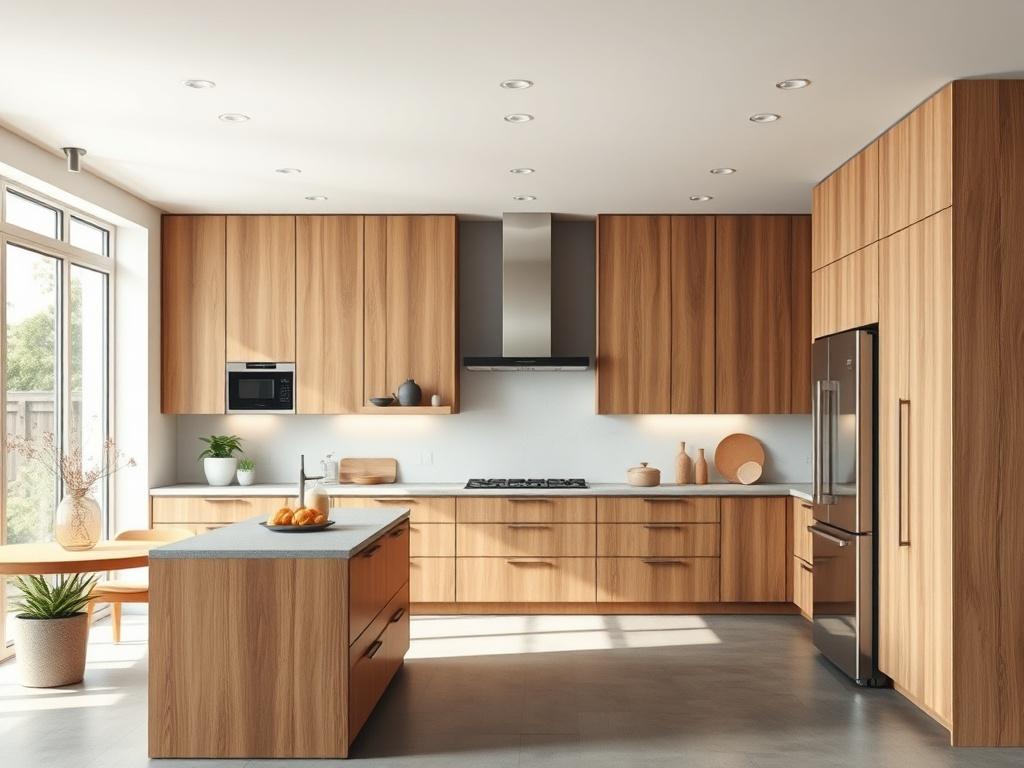 A high-resolution image of a modern kitchen featuring sleek cabinetry, energy-efficient appliances, and sustainable materials. The kitchen should be bright and inviting, showcasing a blend of functionality and style, with natural light streaming in through a large window.