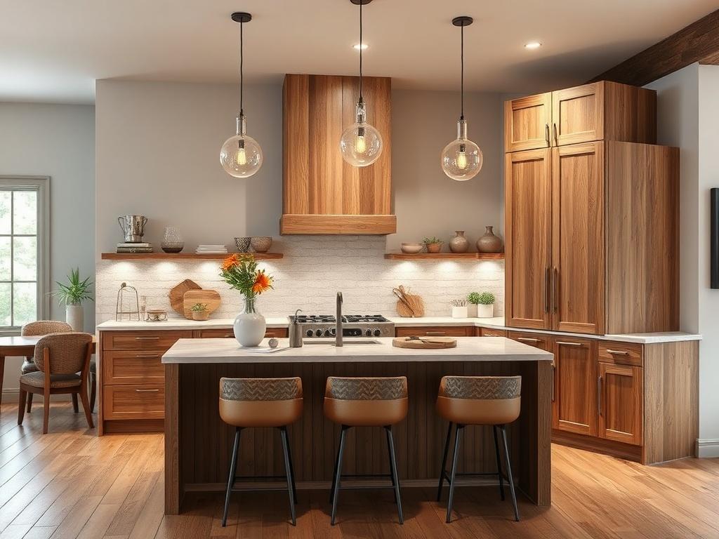 A beautifully renovated kitchen featuring modern cabinets, a stylish island, and elegant lighting. The design showcases a blend of rustic and contemporary elements, with warm wood tones and sleek surfaces. The background features a cozy dining area, creating an inviting atmosphere.