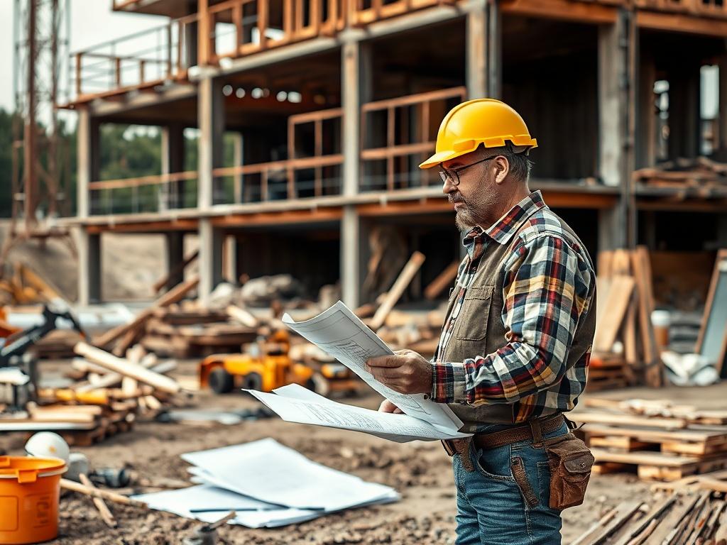 A skilled contractor reviewing blueprints on a construction site, surrounded by tools and materials, with a focus on a partially constructed building in the background. The scene is well-lit and captures the essence of a busy construction environment.