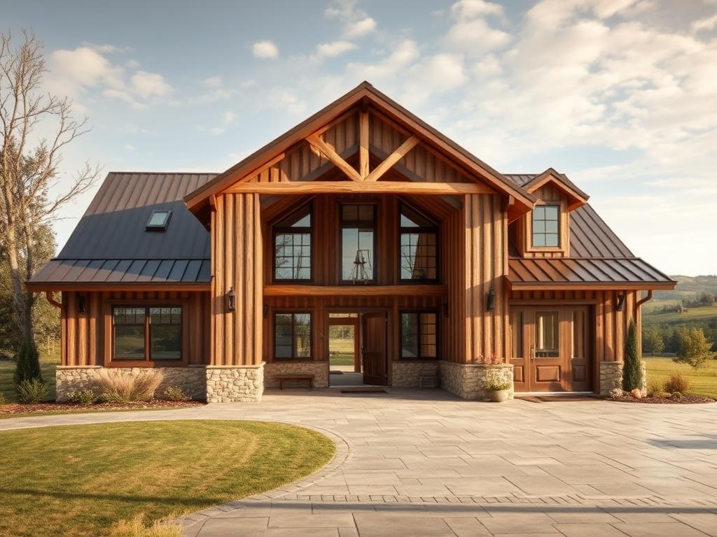 A beautiful barndominium with a rustic exterior and modern interior, set against a backdrop of rolling hills and trees. The image should capture the inviting entrance and expansive windows, showcasing the blend of traditional and contemporary design.