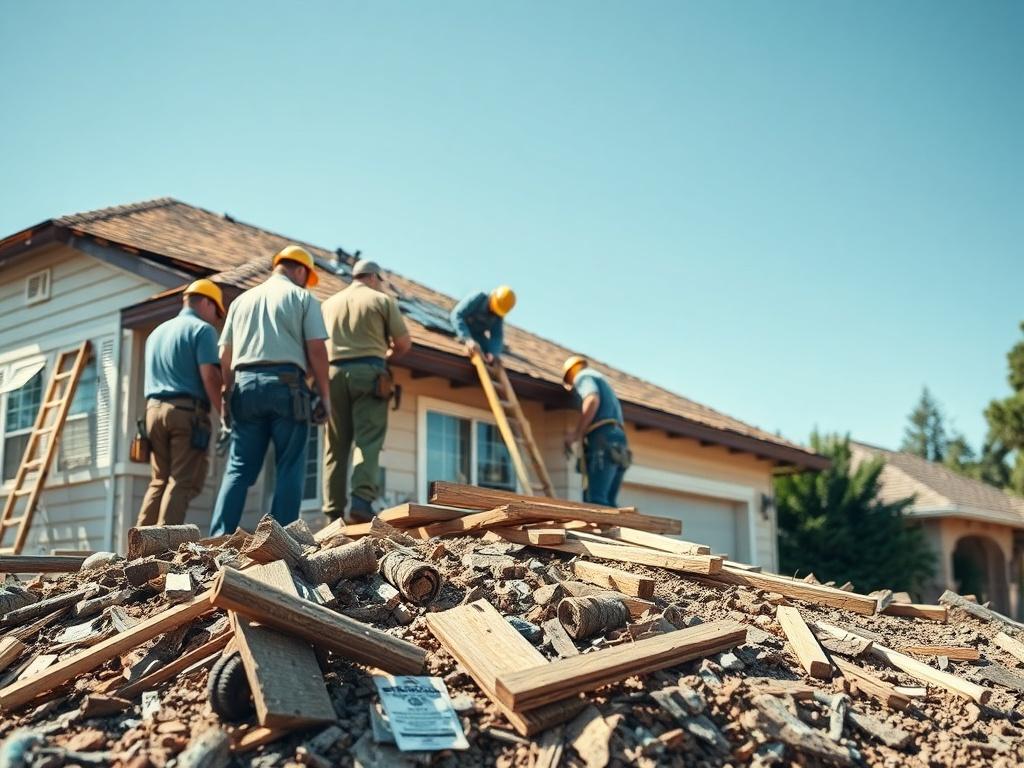 A dedicated team of contractors repairing a storm-damaged roof on a residential home, with debris in the foreground and clear blue skies in the background. The focus should be on the teamwork and expertise involved in the restoration process.