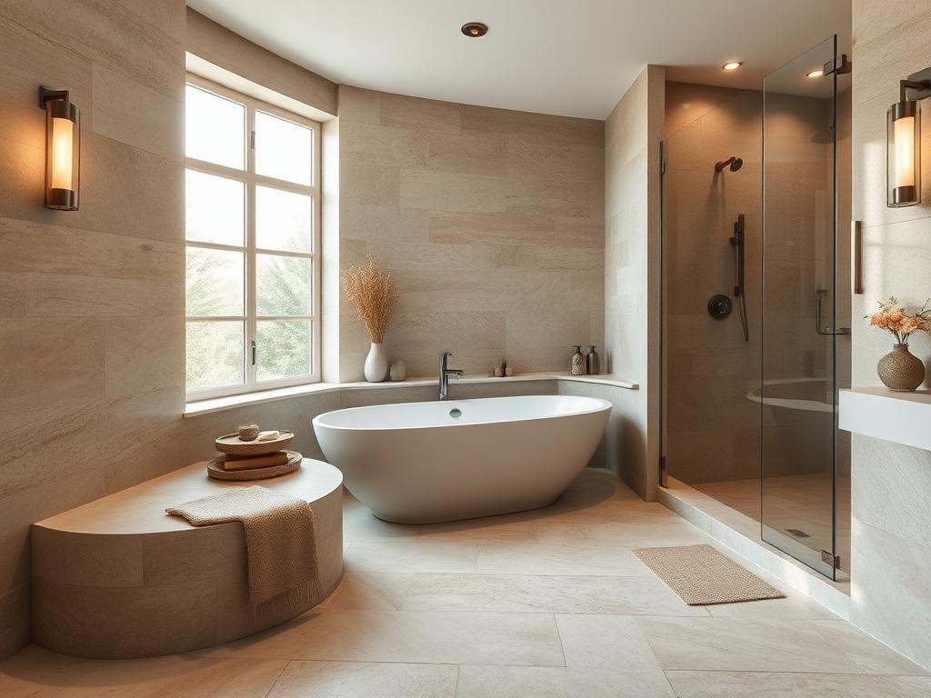 A beautifully renovated bathroom from Firelands Construction  featuring a modern bathtub surrounded by natural stone tiles, elegant fixtures, and soft lighting. The composition highlights the spaciousness and tranquility of the space, with a large window allowing natural light to flow in. The earthy textures and tones create a grounded, rustic aesthetic, while the overall ambiance conveys serenity and luxury. Firelands construction making your dream space a reality