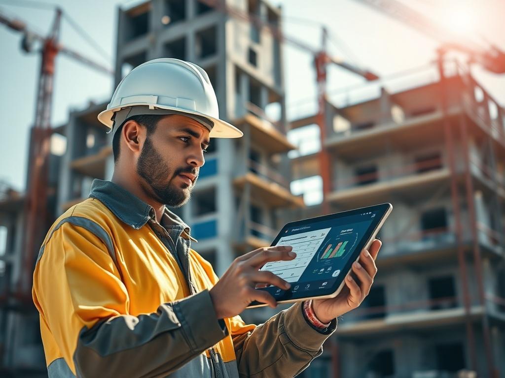 Create a realistic high-resolution photo that captures the essence of "The Power of AI in Construction," featuring a modern construction site where a skilled contractor is utilizing advanced AI technology. The Firelands Construction employee should be a professional in a hard hat, deeply focused on using the firelands app  an AI-driven construction management app. The background should showcase a partially constructed building, with cranes and scaffolding subtly framing the scene, indicating