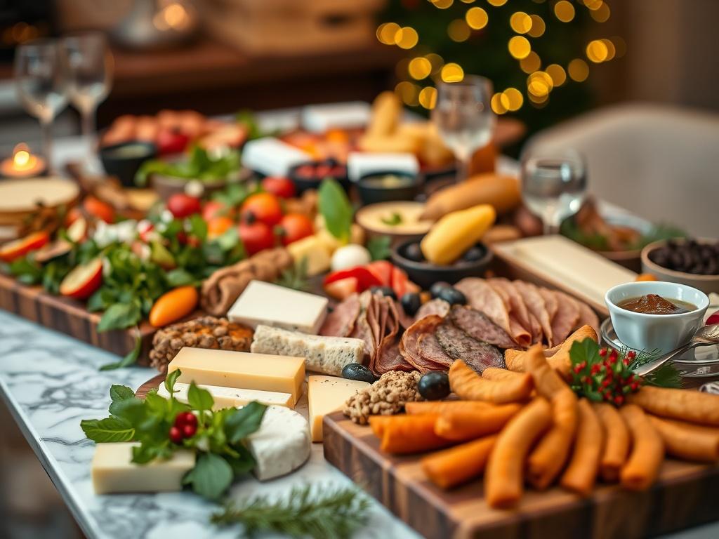 **AI Image Generation Prompt:**

Create a realistic high-resolution photo that captures the essence of festive catering in West Hollywood. The image should feature a beautifully arranged, elegant grazing table as the central subject. Focus on a sumptuous display of a variety of seasonal dishes, including vibrant salads, artisan cheeses, colorful roasted vegetables, and festive charcuterie. Ensure that the food is artfully presented on wooden boards and marble platters, with garnish and decorative elements t