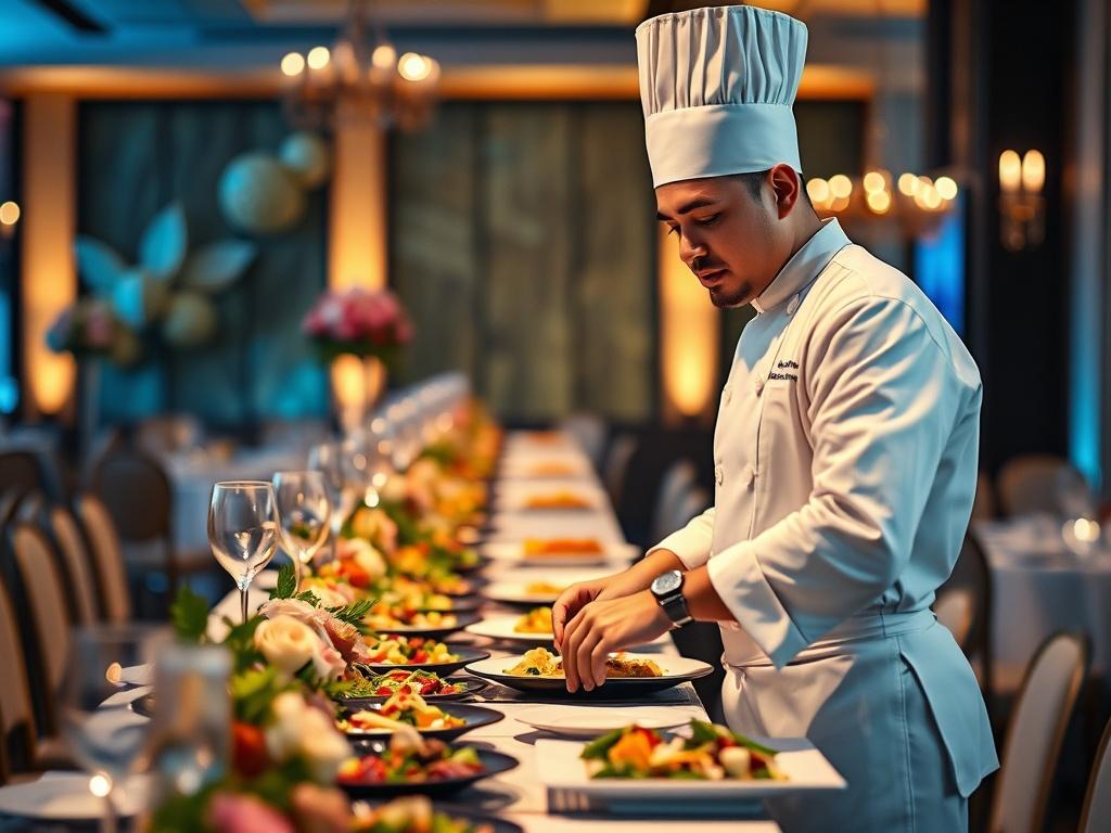 Create a realistic high-resolution photo of a skilled chef in action at an elegantly set event. The chef, dressed in a crisp white uniform and a tall chef's hat, stands confidently behind a beautifully arranged long banquet table filled with delectable dishes. The focus should be on the chef expertly plating gourmet food—perhaps a vibrant, colorful dish with fresh ingredients. 

In the background, softly blurred, are hints of an upscale venue, featuring tastefully decorated elements such as floral arrangeme