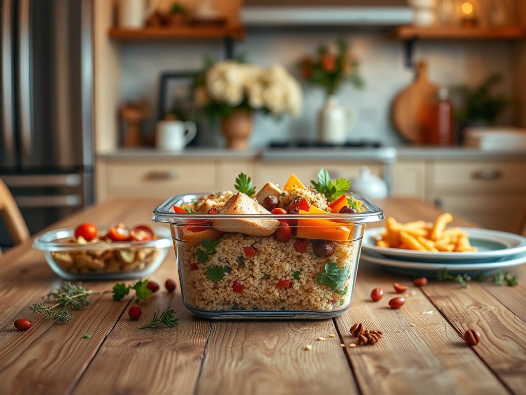 Create a realistic high-resolution photo that captures the essence of meal prep as a smart choice for gatherings and events. Center the composition around a beautifully arranged wooden kitchen table featuring a single, vibrant, freshly prepared meal prep container filled with colorful, healthy ingredients, showcasing elements like grilled chicken, quinoa, seasonal vegetables, and garnishes. Surround the container with small, scattered ingredients like fresh herbs and spices to evoke a sense of culinary arti