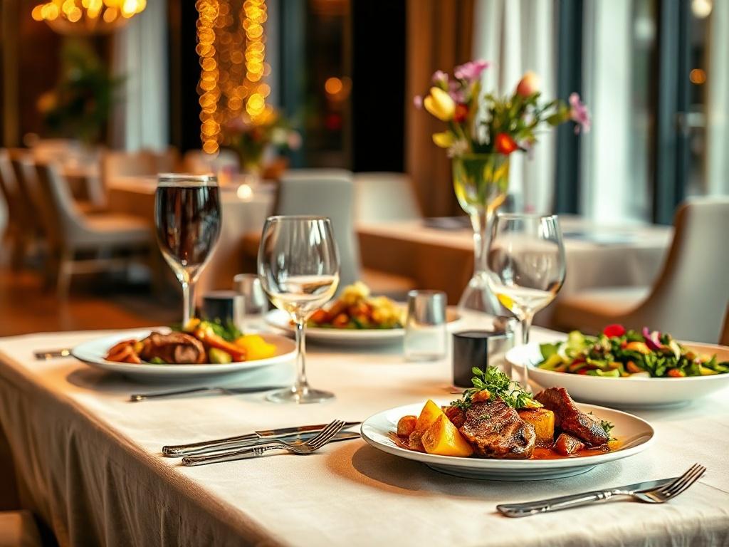Create a realistic high-resolution photo that illustrates the theme of early menu planning in event catering. The image should feature a single, elegantly arranged dining table set for a corporate event, prominently displaying a beautifully curated selection of dishes. Ensure the table is covered with a soft, neutral-colored tablecloth, and consider incorporating high-quality plates, polished silverware, and tasteful glassware to emphasize sophistication.

The subject matter should include a few key dishes 