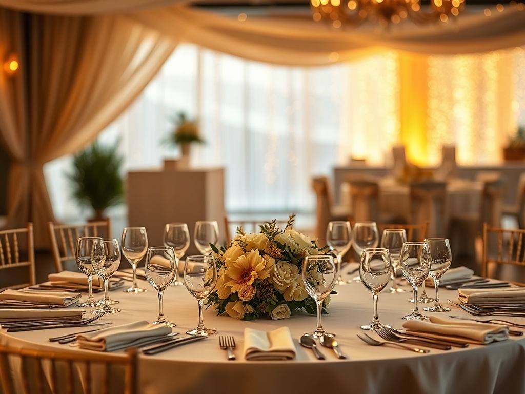 Create a realistic high-resolution photo that captures the essence of wedding catering inspired by Hollywood's studio catering techniques. The image should feature a beautifully set dining table, elegantly arranged with fine china, crystal glassware, and lush floral centerpieces, symbolizing the refinement and sophistication often associated with weddings and corporate events. 

The table should be positioned directly in the center of the composition, showcasing an inviting and warm atmosphere. Soft, golden