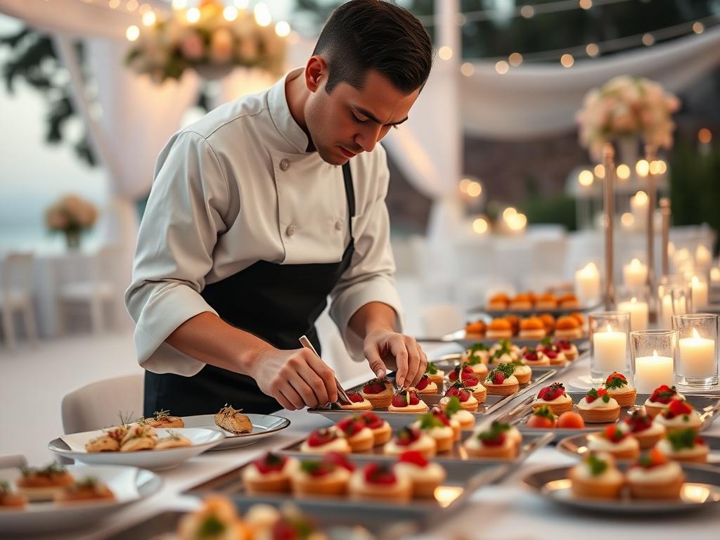 Create a realistic high-resolution photo of a wedding catering team in action, focused on a single, elegant banquet table being meticulously set up for a wedding. The scene should depict a team member diligently arranging a stunning array of hors d'oeuvres on the table, showcasing a variety of beautifully presented dishes that embody the essence of sophisticated wedding catering. 

The subject should be a professional caterer dressed in a crisp white chef's coat and a black apron, concentrated on the meticu