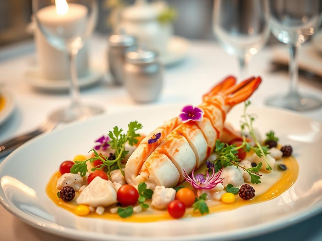 **Prompt for AI Image Generator:**

Create a highly realistic, high-resolution close-up photograph of an elegantly arranged catering dish that showcases gourmet cuisine specifically designed for prestigious events like the Oscars and intimate celebrations such as weddings. The dish should be beautifully plated, featuring a combination of fresh, vibrant ingredients like succulent lobster tail, delicate edible flowers, and colorful microgreens, artfully arranged on an elegant white plate. 

The background sho