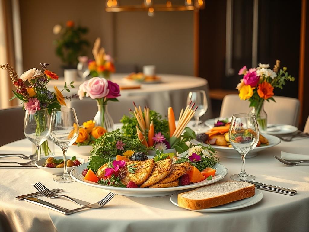 Create a realistic high-resolution image of an elegantly designed corporate lunch setting. The scene should feature a beautiful, meticulously arranged table set for a corporate lunch, showcasing an assortment of gourmet dishes that evoke the same visual appeal as a wedding reception. The table is dressed in a soft, neutral-colored tablecloth, decorated with vibrant, seasonal flowers in stylish vases, and set with polished cutlery and glassware that glimmers in the soft, golden lighting. 

Focus on a single 