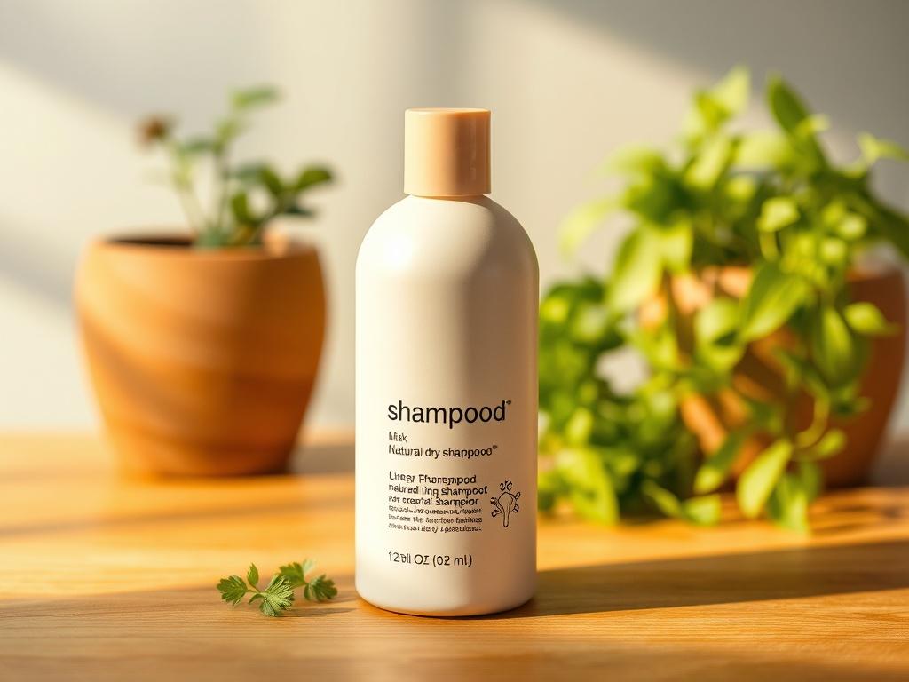**Prompt for AI Image Generator:**

Create a realistic, high-resolution close-up photo that highlights a bottle of natural dry shampoo. The composition should be simple and clear, featuring only the shampoo bottle as the subject. The bottle should be made of eco-friendly materials, showcasing a minimalist design with a soft matte finish in a neutral color, such as soft beige or light green, prominently displaying its natural ingredients. 

Place the shampoo bottle on a smooth, wooden surface to convey a rus