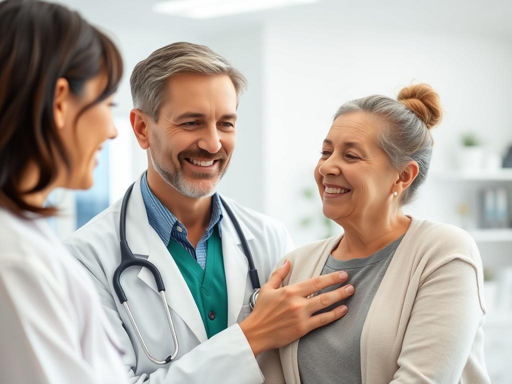 A close-up shot of a caring healthcare professional interacting with a patient in a modern clinic setting. The background should be bright and inviting, showcasing a clean and organized clinic environment. The healthcare professional, who is wearing a lab coat, should have a warm smile, demonstrating empathy and professionalism. The focus should be on the interaction, capturing the sense of personalized care and attention. The color scheme should incorporate the primary color rgb(29, 198, 181) for a calming