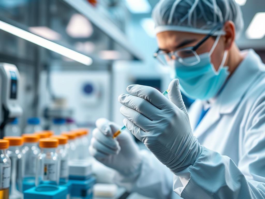 A close-up shot of a laboratory technician carefully handling DNA samples in a high-tech lab environment. The technician is wearing gloves and focused on the task, with laboratory equipment and vials in the background. The lighting is bright and clinical, emphasizing cleanliness and precision. The color scheme includes shades of teal and white, harmonizing with the rgb(29, 198, 181) primary color.