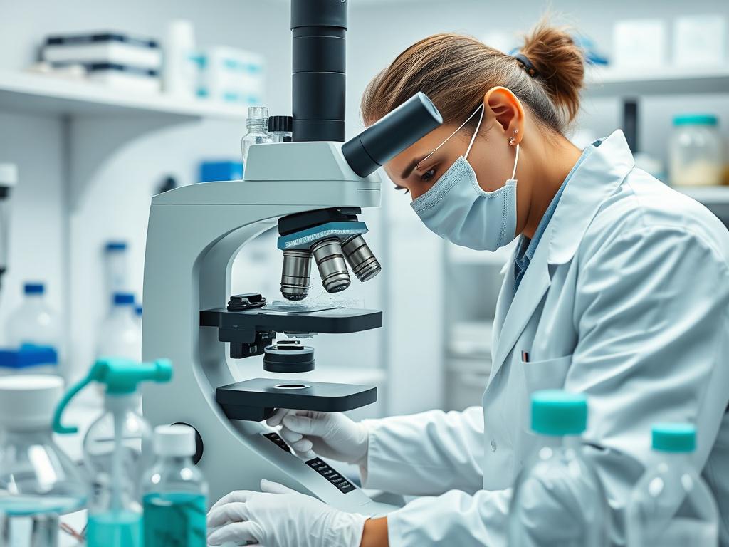 A close-up shot of a pathology lab environment with a focus on a technician examining a slide under a microscope. The technician is wearing a lab coat and gloves, showcasing professionalism and attention to detail. Surrounding the microscope are various lab tools and equipment in a clean, organized setting. The color scheme features shades of teal and white, aligning with the rgb(29, 198, 181) primary color.