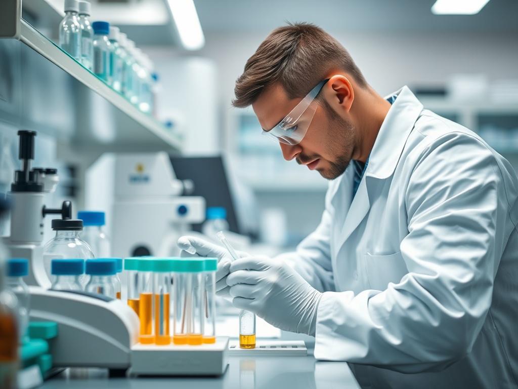 A close-up shot of a laboratory technician preparing samples for testing at a modern lab bench. The technician is focused, surrounded by high-tech equipment and vials, showcasing professionalism. The environment is clean and well-organized, highlighting the importance of accuracy in lab work. The color scheme includes shades of teal and white, complementing the rgb(29, 198, 181) primary color.