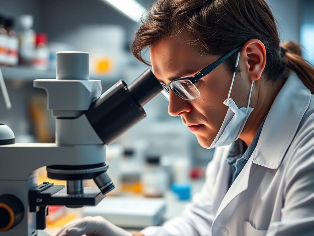 A high resolution close up of a pathology technician examining