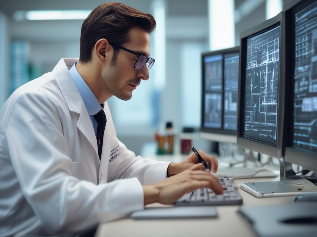 A close-up shot of a professional consultant analyzing health data on a computer screen. The consultant is wearing a lab coat, with a thoughtful expression, deeply engaged in the task. The background features a modern office setting with health-related charts and graphs displayed on the wall. The color scheme incorporates the primary color rgb(50, 170, 39) subtly in the decor, creating a harmonious and focused atmosphere.