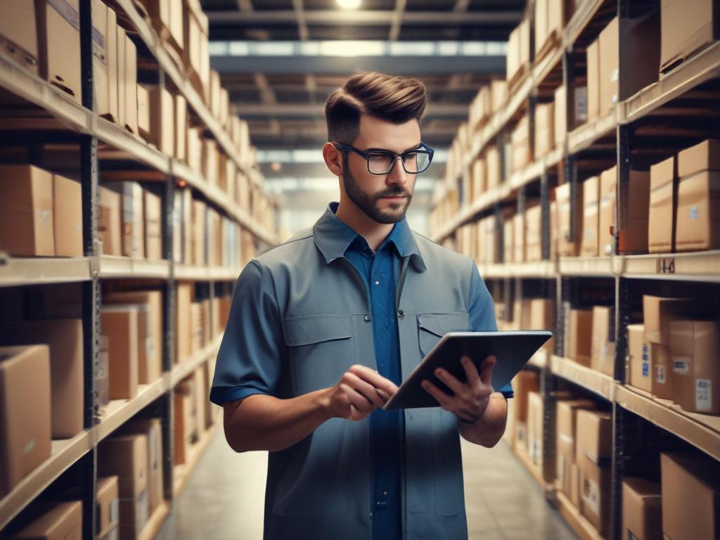 A close-up shot of a logistics professional analyzing inventory data on a tablet. The background features shelves stocked with neatly organized boxes, showcasing an efficient warehouse environment. The focus is on the tablet screen displaying graphs and statistics, highlighting inventory levels and trends. The lighting is bright and natural, creating a modern and professional atmosphere. The color palette should heavily incorporate rgb(122, 86, 4) to align with the brand's theme.