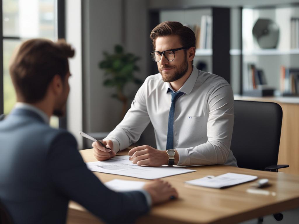 A professional consultant engaging in a focused discussion with a client in a modern office setting. The consultant is sitting at a sleek wooden desk, with a laptop open and documents neatly arranged. The client, looking attentive, is seated across the desk. The background is softly blurred, emphasizing the interaction. The lighting is warm and inviting, creating a productive atmosphere. The color palette of the image is compatible with rgb(122, 86, 4), enhancing the professionalism of the scene.