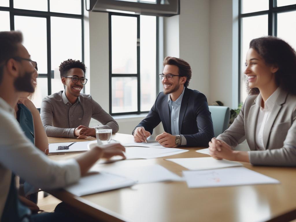 A close-up shot of a diverse group of happy professionals engaged in a dynamic meeting. The setting is modern and well-lit, with a sleek conference table and a large window showing a clear blue sky outside. The individuals are smiling and animated, showcasing an atmosphere of collaboration and innovation. The focus is on their expressions and body language, conveying a sense of teamwork and positivity. The color scheme of the image aligns with the rgb(122, 86, 4) primary color.