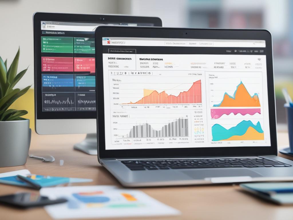 A close-up shot of a modern, sleek order management software interface displayed on a laptop. The screen showcases an organized layout with colorful graphs and charts representing order analytics. The laptop is placed on a stylish wooden desk, with soft natural lighting illuminating the scene, creating a warm and inviting atmosphere. The background is blurred to emphasize the laptop and its screen, while maintaining a clean and professional look.