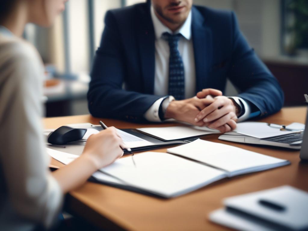 A close-up shot of a professional consultant engaged in a follow-up meeting with a client. The consultant is sitting at a modern desk with a laptop open, taking notes. The background should be a softly blurred office environment, emphasizing a sleek and modern aesthetic. The lighting is warm and inviting, creating a welcoming atmosphere. The image should reflect professionalism and approachability, showcasing the importance of follow-up consultations in logistics solutions.