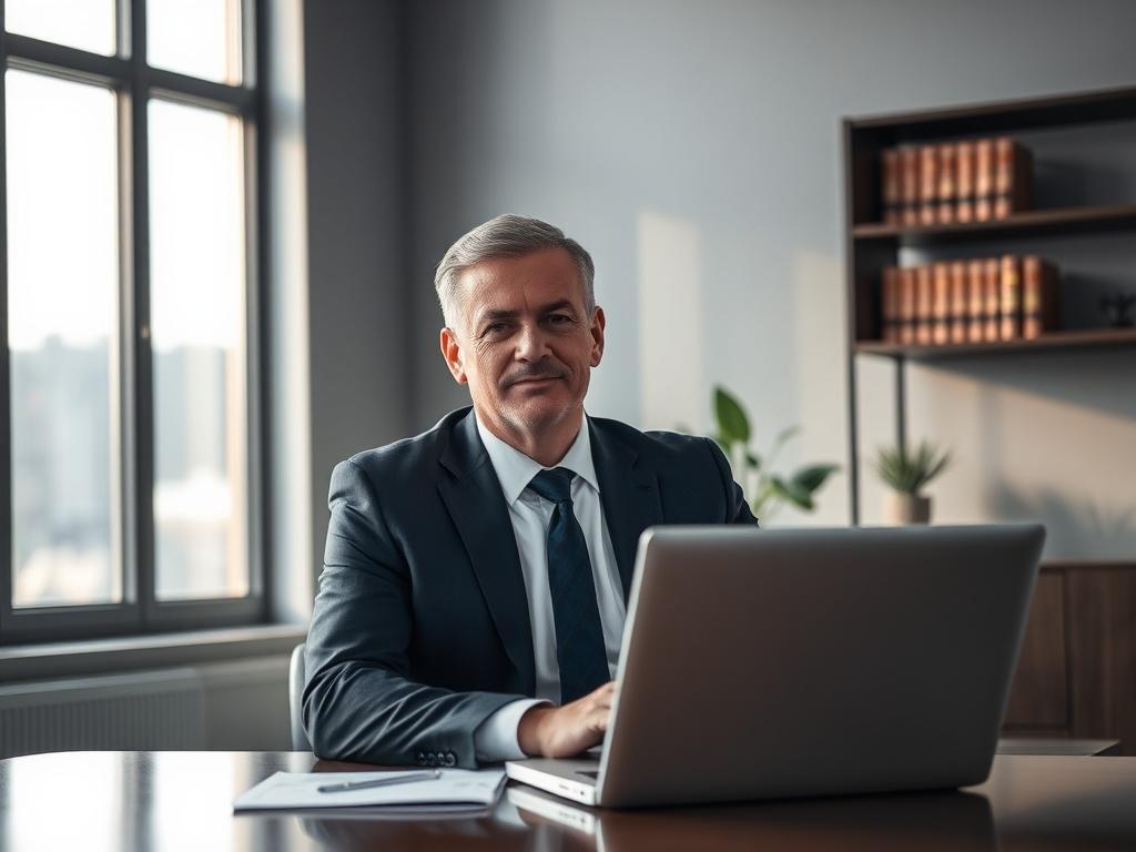 Create a realistic high-resolution photo that visually represents the blog titled “The IRS Is Not Your Enemy—But You Still Need a Lawyer.” The image should feature a professional lawyer, a middle-aged Caucasian male, wearing a tailored dark navy suit and a crisp white shirt, seated at a modern desk with a laptop opened in front of him. He should have a calm and approachable demeanor, appearing confident and knowledgeable. 

The background should depict a sleek office environment with large windows allowing 
