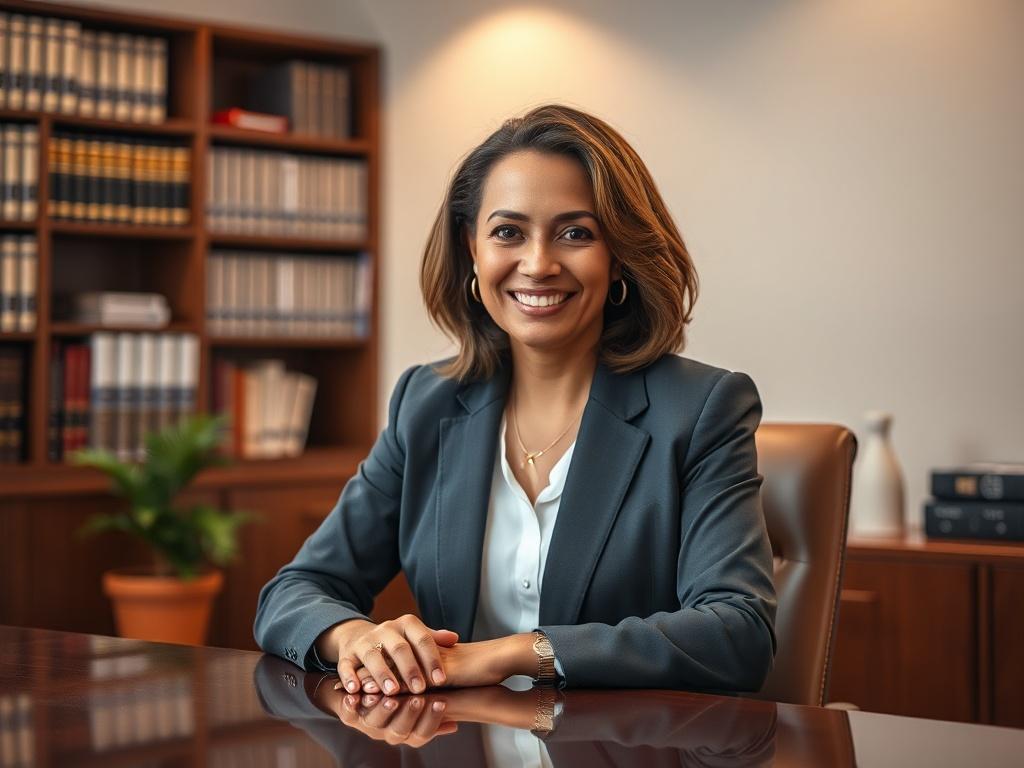 Create a realistic, high-resolution photo that captures the essence of accessibility and personal connection in legal services. The composition should focus on one subject: a confident, approachable lawyer seated at a polished wooden desk. The lawyer, a middle-aged woman of diverse descent, should be looking directly at the camera with a warm smile, embodying professionalism and friendliness. She is dressed in business attire, exuding competence and approachability.

The background should be simple and eleg