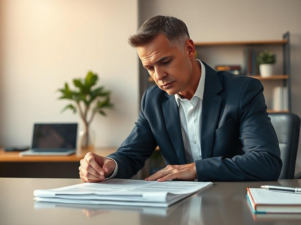 **Prompt for AI Image Generator:**

Create a hyper-realistic, high-resolution photograph that captures the essence of a business contracts attorney at work. The image should feature a focused shot of a professional attorney, a middle-aged Caucasian male, wearing a crisp navy blue suit and a neatly pressed white shirt, seated at a sleek conference table. He should be examining a complex business contract physically placed in front of him, with a look of concentration on his face, emphasizing the importance o