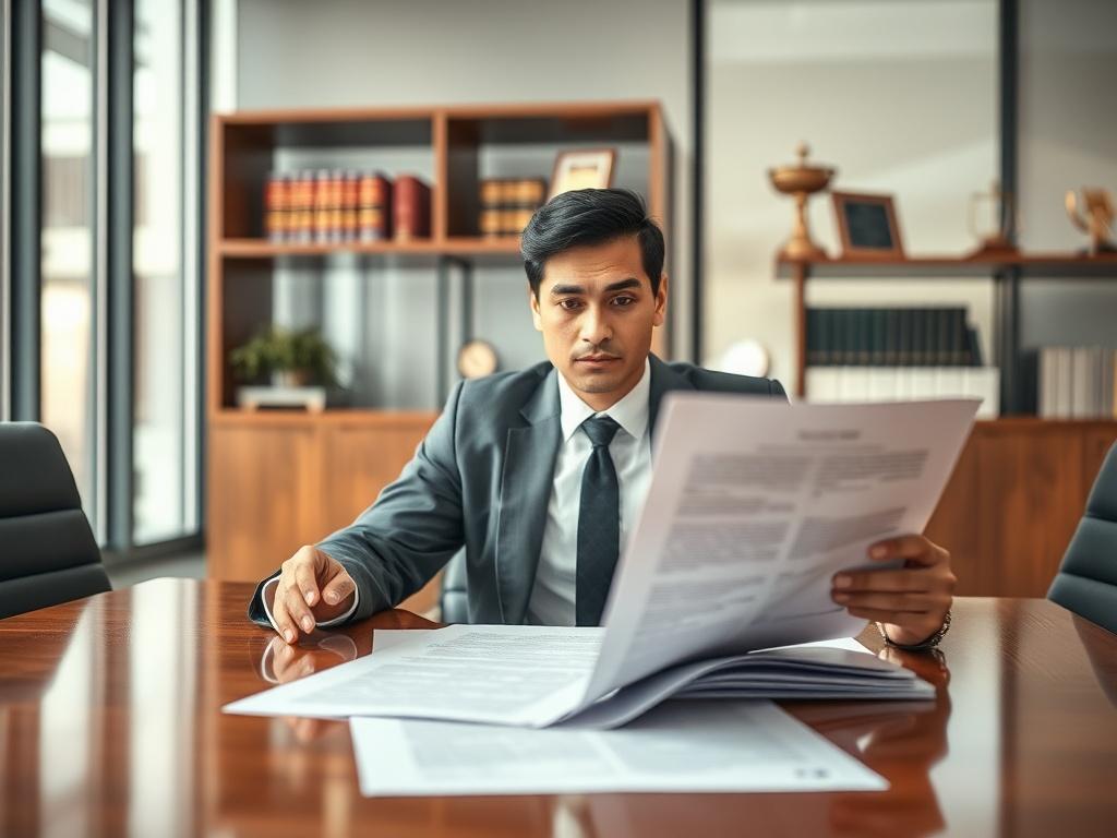 **Prompt for AI Image Generation:**

Create a realistic high-resolution photo shot with a 45mm f/1.2 lens style that presents a close-up of a person sitting at a modern conference table, appearing slightly overwhelmed while reviewing a thick legal contract or document spread out in front of them. The subject should be a diverse business professional, male or female, dressed in formal attire, with a look of confusion or concern as they study the contract. 

In the background, softly blurred to maintain focus