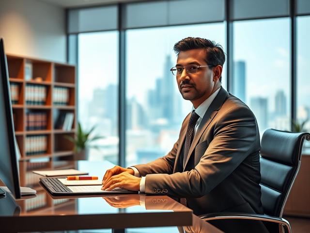 **AI Image Generation Prompt:**

Create a realistic high-resolution photo that visually represents a blog titled "Your Guide to Legal Services in Houston: What Businesses Need to Know." The composition should be simple and clear, featuring a single subject: a professional lawyer confidently sitting at a sleek, modern office desk. The lawyer, a middle-aged South Asian male, should be engaged in a discussion with an unseen client, illustrating professionalism and approachability. 

In the background, incorpor