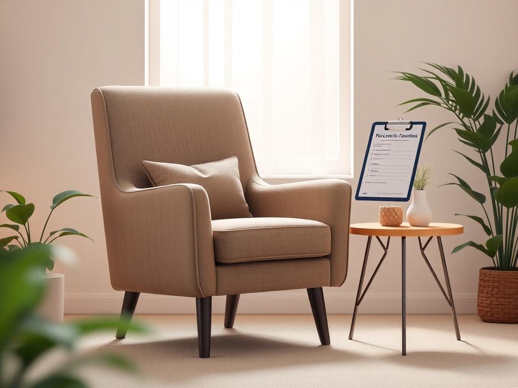 A calm and inviting office setting with a single comfortable chair facing a window with soft natural light. A clipboard with a pre-screening questionnaire rests on a small table beside the chair. The background features soft tones with plants and gentle lighting, creating a peaceful atmosphere that conveys support and understanding.