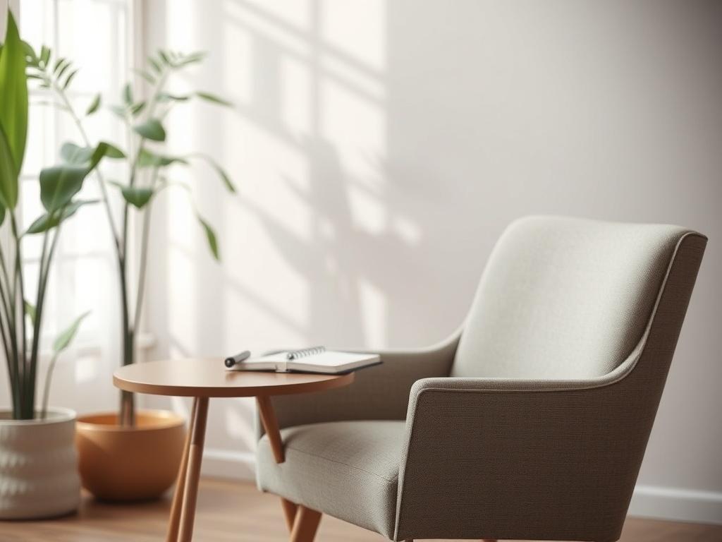 A calm and inviting therapy space with a comfortable chair and a small table holding a notebook and a pen, soft natural light filtering in through a window. The background features a plant to enhance the peaceful atmosphere, with gentle colors that evoke tranquility. The focus is on the chair, symbolizing a welcoming environment for adults seeking ADHD assessments.