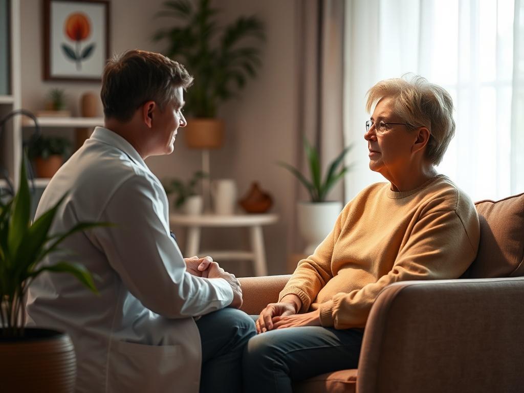 A serene and warm image of an adult sitting comfortably in a cozy, well-lit room, engaged in a thoughtful discussion with a compassionate clinician. The clinician is attentively listening, showcasing a supportive atmosphere. The background features soft tones with calming decor, such as plants and gentle lighting, to evoke a peaceful and inviting ambiance.