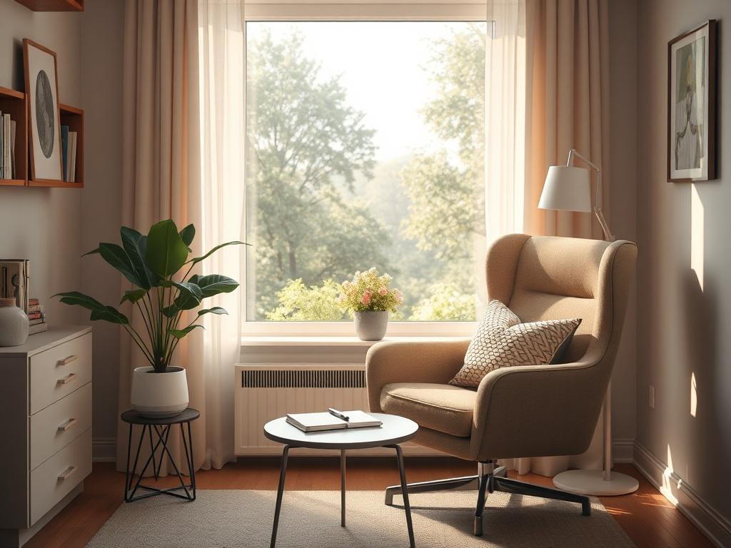 A serene and inviting office space with soft lighting, featuring a comfortable chair, a small table with a notepad and a pen, and a view of nature through a window. The atmosphere should feel calming and supportive, with a warm color palette that includes soft blues and greens, creating a peaceful environment for mental health consultations.