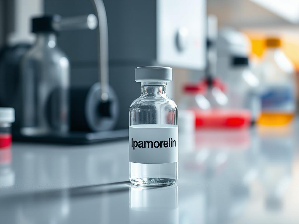 Create a hyper-realistic close-up image of a vial of Ipamorelin on a clean, sterile laboratory countertop. The vial should be glass, clearly labeled with 'Ipamorelin', and placed against a softly blurred background of laboratory equipment. Use a 45mm f/1.2 lens style to capture the details of the vial, emphasizing the liquid inside and the reflections on the glass surface, with a color palette that complements the rgb(12, 186, 225) primary color.