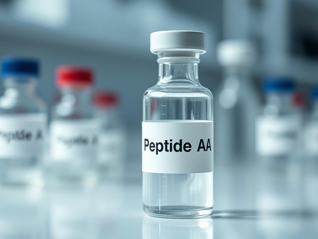 A hyper-realistic close-up shot of a vial containing a clear liquid labeled 'Pure Peptide A'. The vial should be the only subject against a soft blurred laboratory background, emphasizing the clarity and quality of the peptide. The lighting should highlight the vial's features and create reflections that enhance its glass surface, while maintaining an RGB color scheme of rgb(12, 186, 225).