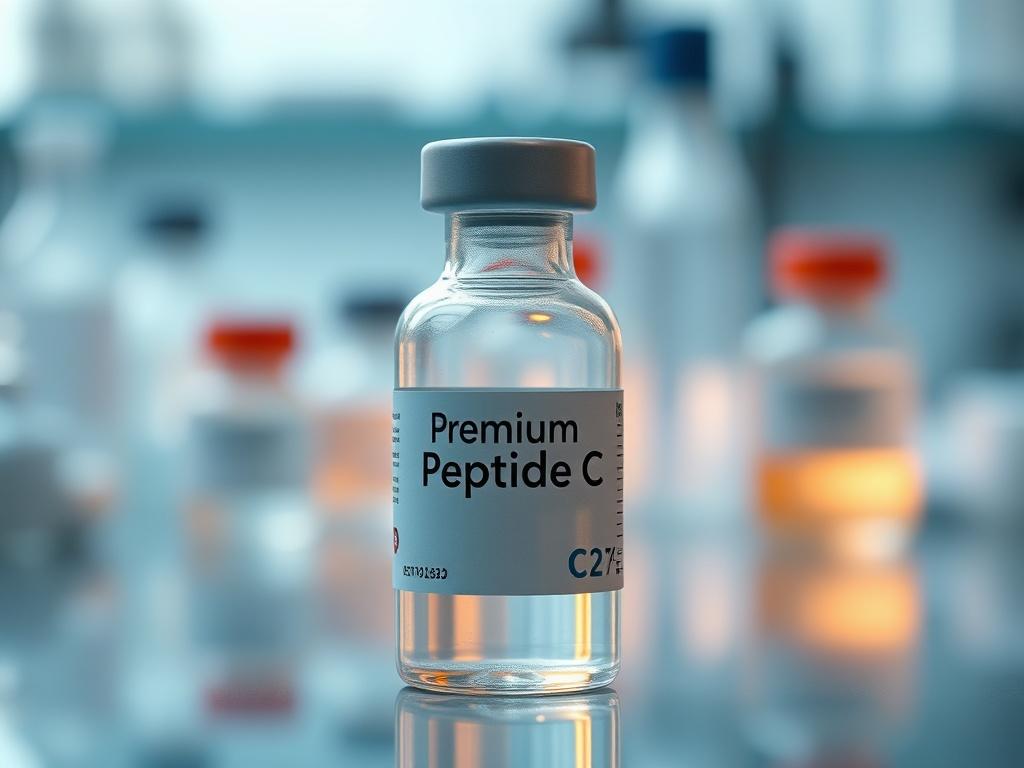 A hyper-realistic close-up shot of a vial filled with a clear liquid labeled 'Premium Peptide C'. The vial should be isolated against a softly blurred laboratory backdrop, emphasizing its clarity and purity. The lighting should create an inviting glow around the vial, highlighting its features and maintaining an RGB color scheme of rgb(12, 186, 225).