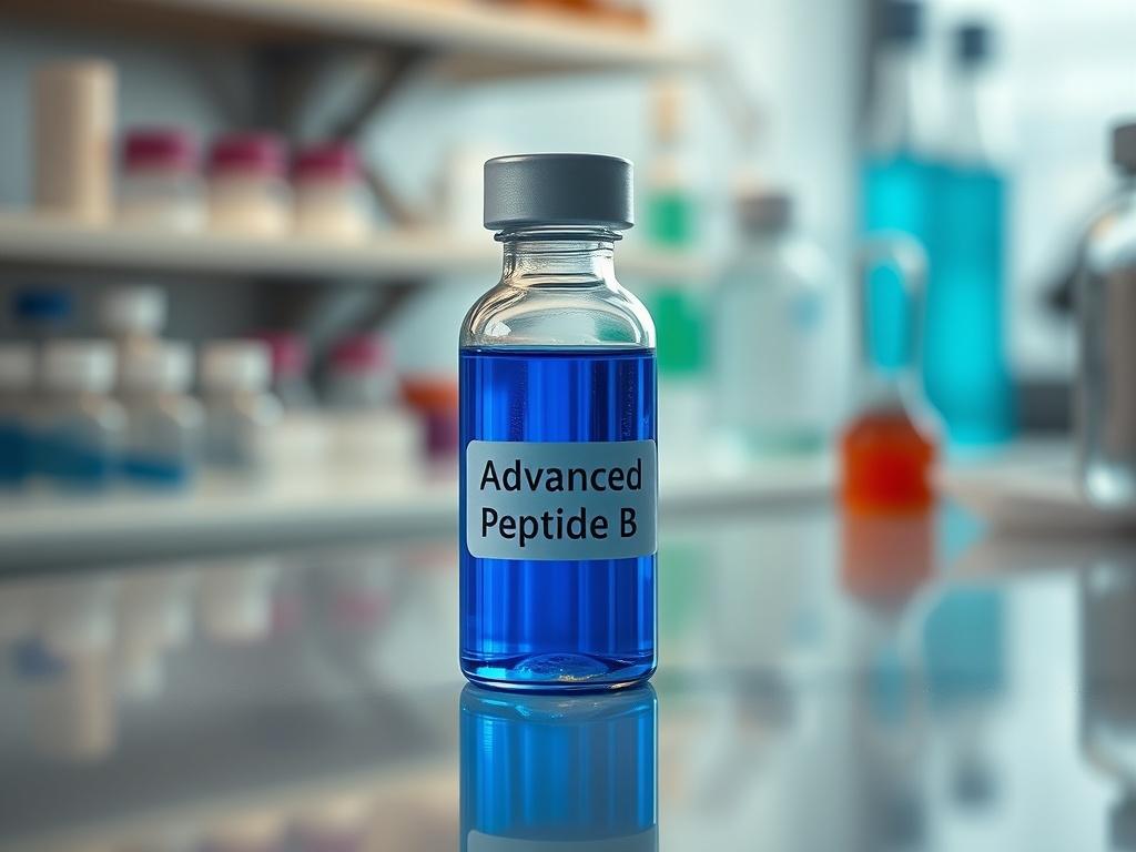 A hyper-realistic close-up shot of a vial containing a vibrant blue liquid labeled 'Advanced Peptide B'. The vial should be the focal point, placed on a clean laboratory countertop with soft blurred elements in the background. The lighting should enhance the color of the liquid while reflecting on the glass surface, incorporating an RGB color scheme of rgb(12, 186, 225).