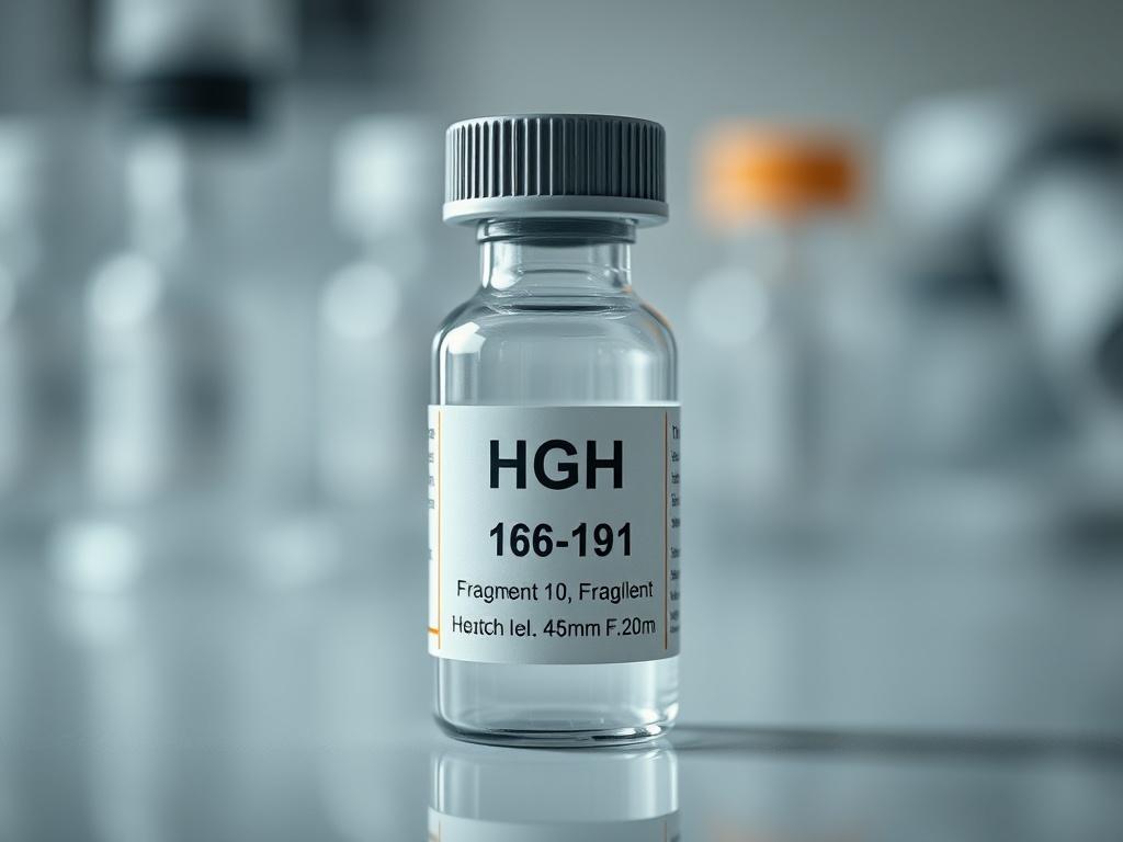 A close-up shot of a vial containing HGH Fragment 176-191, featuring a clean and sterile environment. The vial should be positioned centrally, with soft lighting to highlight its clarity and label. The background should be blurred to focus on the vial, creating a professional and research-oriented atmosphere.