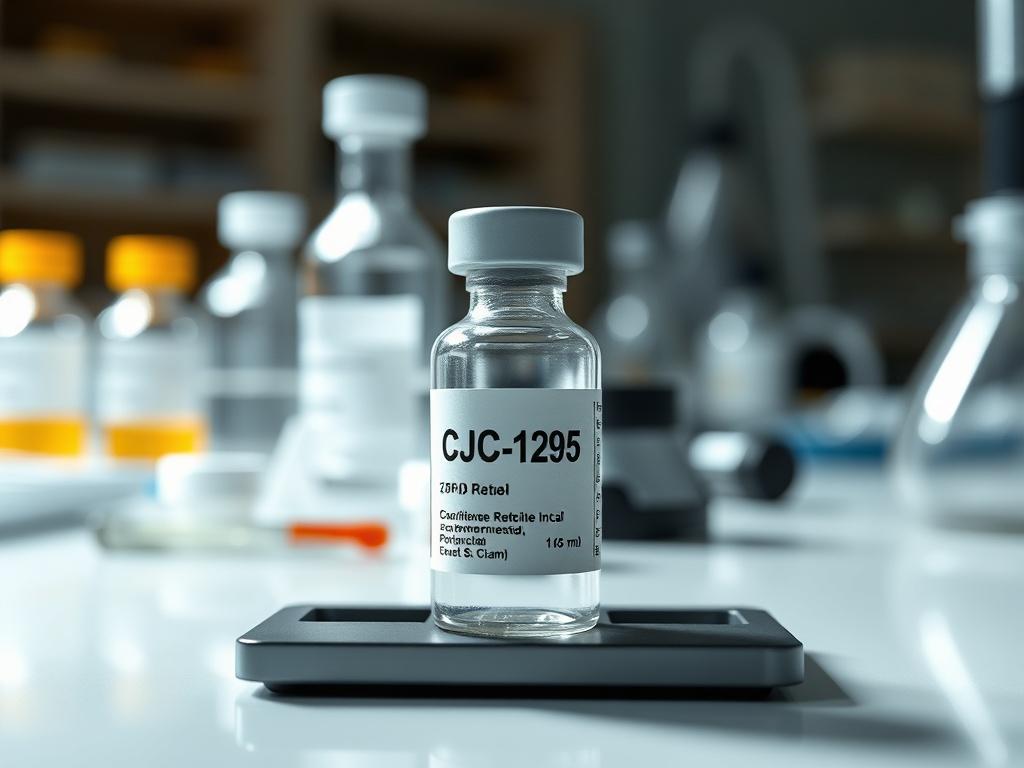 A close-up shot of a vial containing CJC-1295, placed on a sleek laboratory table. The vial should be the focal point, showcasing its label clearly, surrounded by subtle scientific equipment blurred in the background. Soft, natural lighting should enhance the professionalism of the setting.