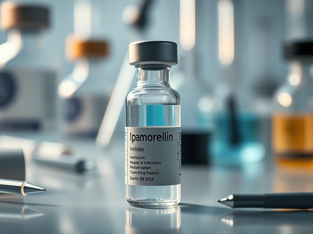 A close-up shot of a vial of Ipamorelin, set against a minimalist laboratory backdrop. The vial should be clearly visible, with a soft-focus effect on surrounding elements like lab instruments. The lighting should create a professional ambiance, emphasizing the clarity of the vial.