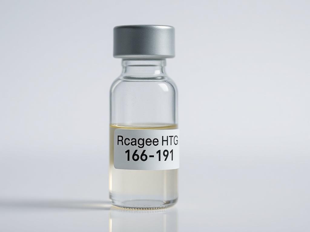 A realistic high-resolution close-up photo of HGH Fragment 176-191 in a sterile vial, showcasing its clear liquid. The background should be simple, with a soft focus to emphasize the vial. The image should be vibrant and colorful, compatible with the primary color rgb(12, 186, 225), highlighting the product's professional and research-oriented nature.