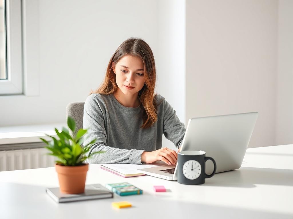 **AI Image Generation Prompt:**

Create a realistic high-resolution photo depicting a content creator deeply engaged in the process of crafting engaging blog content. The single subject should be a young woman sitting at a modern, minimalist desk, working on her laptop. She should have a focused expression as she types, perhaps with a notebook and a vibrant green plant nearby, which adds a touch of life and color to the scene.

The background should feature a softly blurred home office setting with clean li