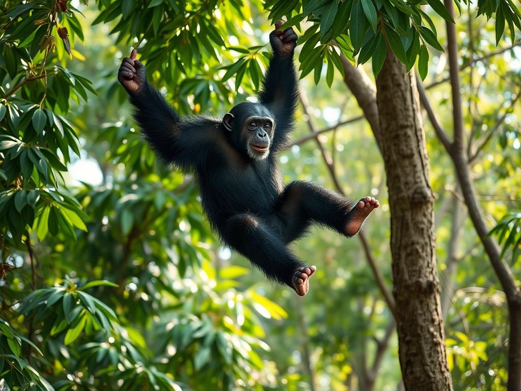 A realistic high resolution image showcasing a playful chimpanzee swinging
