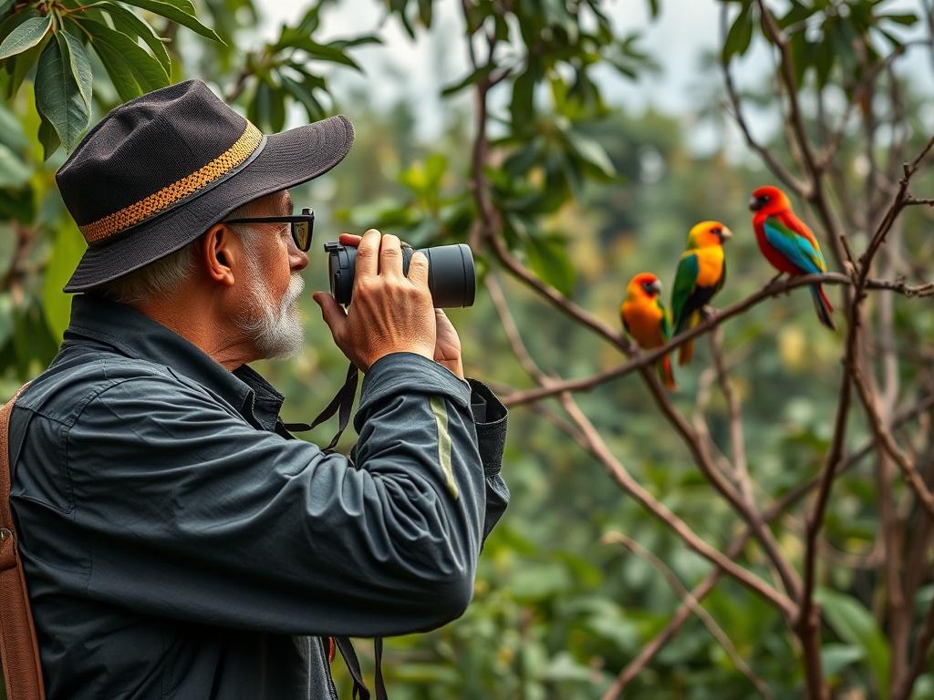 A high resolution of a bird watcher with binoculars in